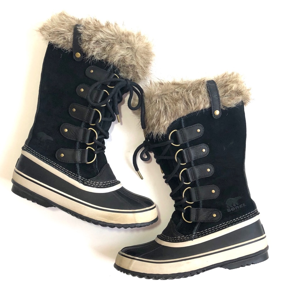 Sorel Black and Tan Women's Winter Rain Boots with Fur Trim